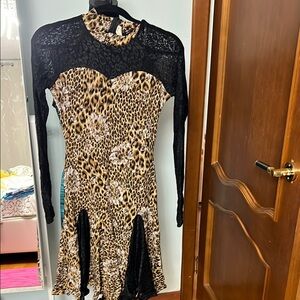 Black and Brown Fit and Flare Long Sleeve Dress